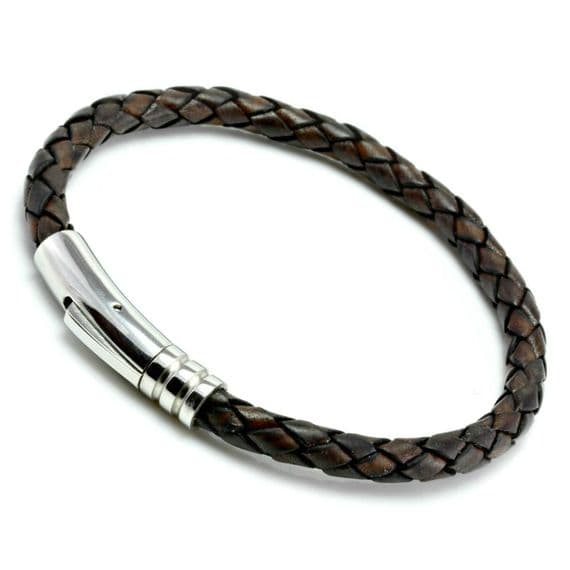 Antique Brown Braided Leather Bracelet With Stainless Steel Trigger Clasp