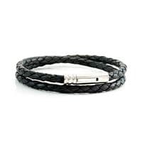 Black Braided Leather Bracelet With Stainless Steel Trigger Clasp-Double Wrap