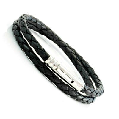 Black Braided Leather Bracelet With Stainless Steel Trigger Clasp-Double Wrap