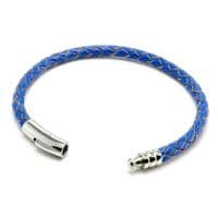 Blue Braided Leather Bracelet With Stainless Steel Trigger Clasp