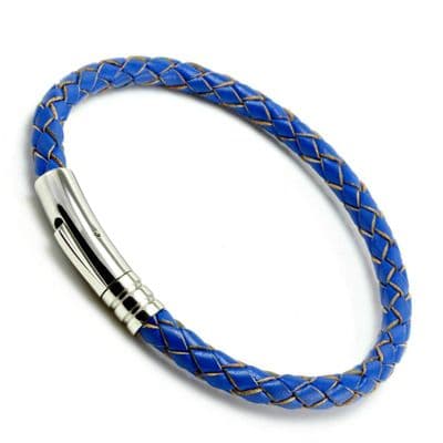 Blue Braided Leather Bracelet With Stainless Steel Trigger Clasp