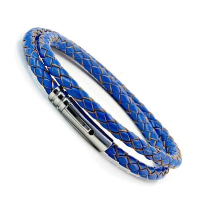 Blue Braided Leather Bracelet With Stainless Steel Trigger Clasp-Double Wrap