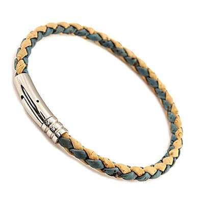 Braided Cork Bracelet With Stainless Steel Clasp-Natural/Blue