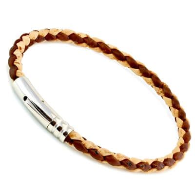 Braided Cork Bracelet With Stainless Steel Clasp-Natural/Brown
