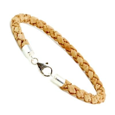 Braided Cork Bracelet With Sterling Silver Clasp-Natural