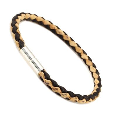 Braided Cork Bracelet With Sterling Silver Twist Clasp-Natural/Black