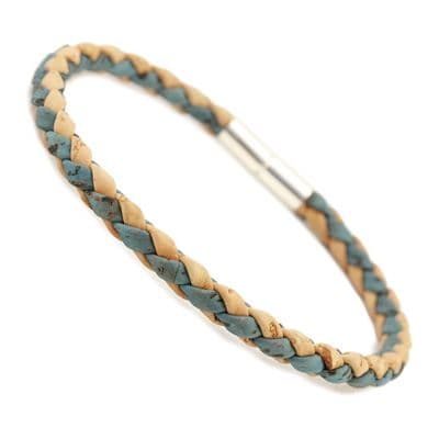 Braided Cork Bracelet With Sterling Silver Twist Clasp-Natural/Blue