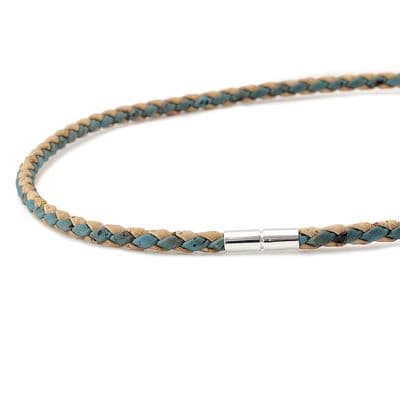 Braided Cork Necklace With Sterling Silver Twist Clasp-Natural/Blue