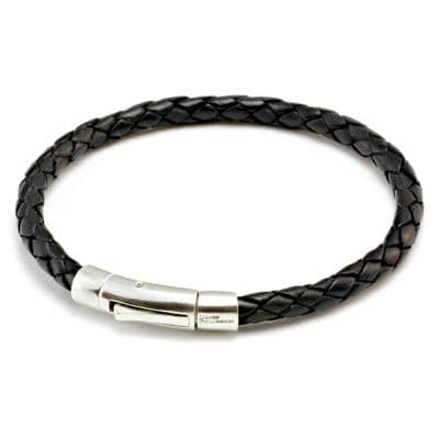 Braided Leather Bracelet With Sterling Silver Trigger Clasp-Black