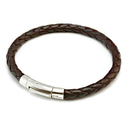 Braided Leather Bracelet With Sterling Silver Trigger Clasp-Dark Brown