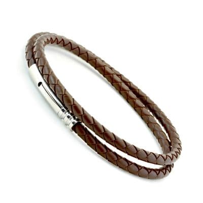 Braided  Rubber Bracelet With Stainless Steel Clasp-Brown