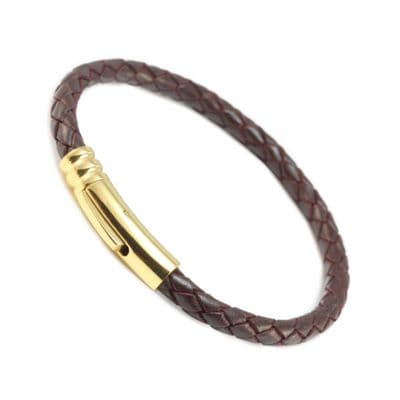 Dark Brown Braided Leather Bracelet With Gold Trigger Clasp