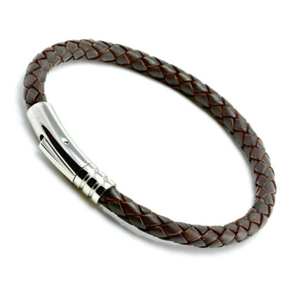 Dark Brown Braided Leather Bracelet With Stainless Steel Trigger Clasp