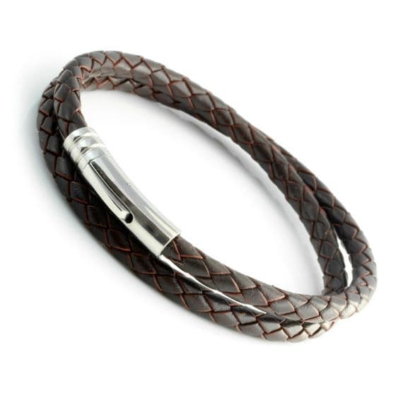 Dark Brown Braided Leather Bracelet With Stainless Steel Trigger Clasp-Double Wrap