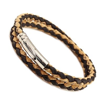 Double Wrapped Braided Cork Bracelet With Stainless Steel Clasp-Natural/Black