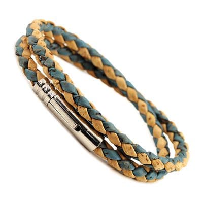 Double Wrapped Braided Cork Bracelet With Stainless Steel Clasp-Natural/Blue