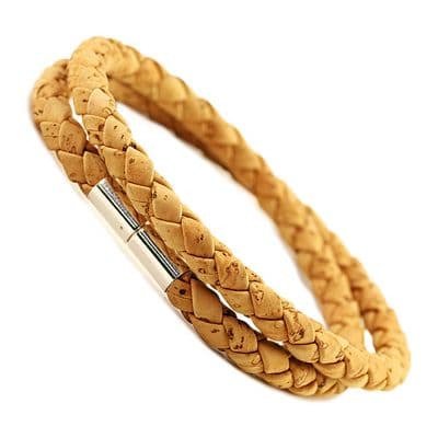 Double Wrapped Braided Cork Bracelet With Sterling Silver Twist Clasp-Natural