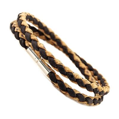 Double Wrapped Braided Cork Bracelet With Sterling Silver Twist Clasp-Natural/Black