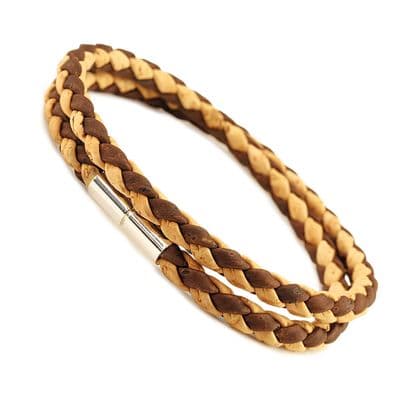 Double Wrapped Braided Cork Bracelet With Sterling Silver Twist Clasp-Natural/Brown