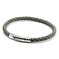 Grey Braided Leather Bracelet With Stainless Steel Trigger Clasp