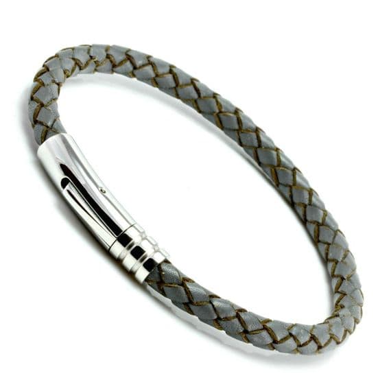 Grey Braided Leather Bracelet With Stainless Steel Trigger Clasp