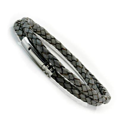 Grey Braided Leather Bracelet With Stainless Steel Trigger Clasp-Double Wrap
