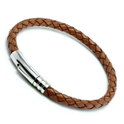 Light Brown Braided Leather Bracelet With Stainless Steel Trigger Clasp