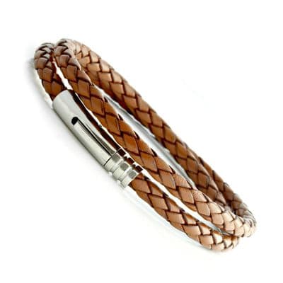 Light Brown Braided Leather Bracelet With Stainless Steel Trigger Clasp-Double Wrap