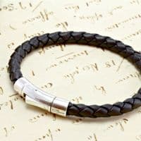 Masculine Brown Braided Italian Leather Bracelet With Sterling Silver Closure