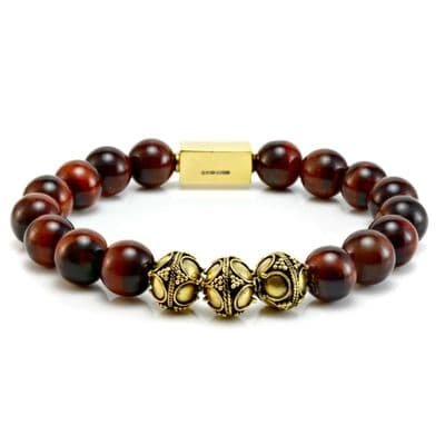 Mens Classic Red Tigers Eye & Gold Bracelet