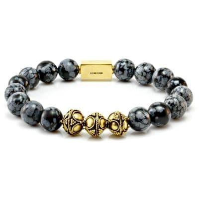 Mens Classic Snowflake Obsidian & Gold Bracelet
