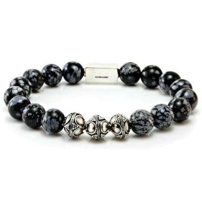 Mens Classic Snowflake Obsidian & Silver Bracelet