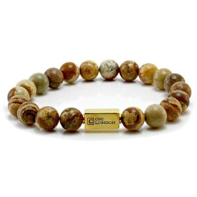 Mens Essential Picture Jasper  & Gold Bracelet