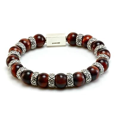 Mens Premium Red Tigers Eye & Silver Bracelet