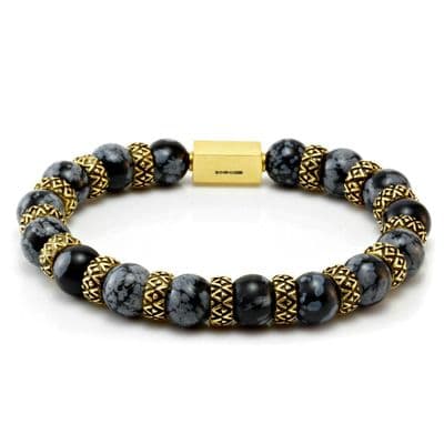 Mens Premium Snowflake Obsidian & Gold Bracelet