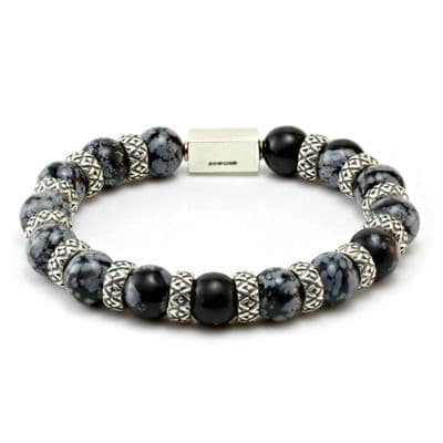 Mens Premium Snowflake Obsidian & Silver Bracelet