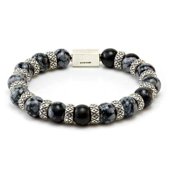 Mens Premium Snowflake Obsidian & Silver Bracelet