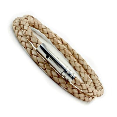 Natural Braided Leather Bracelet With Stainless Steel Trigger Clasp-Double Wrap