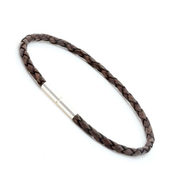 Slim Braided Leather Bracelet With Silver Twist Clasp