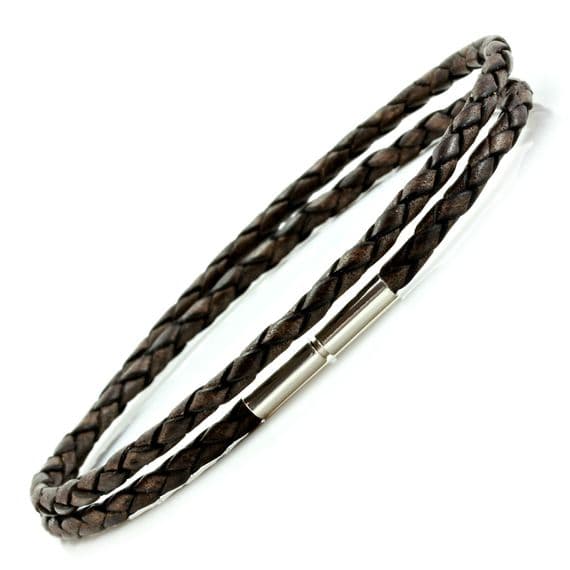 Slim Braided Leather Bracelet With Silver Twist Clasp-Double Wrapped