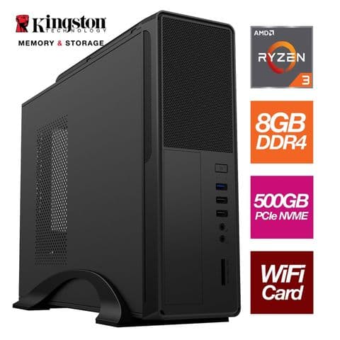 AMD Ryzen 3 3200G 4 Core 8 Threads 3.60GHz (4.00GHz Boost) 8GB Kingston DDR4 RAM, 500GB Kingston NVMe WiFi - Small Form Factor Case - Pre-Built System
