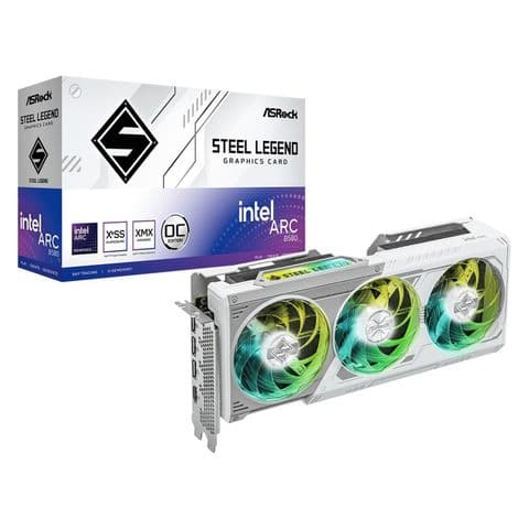 ASRock Intel Arc B580 Steel Legend OC 12GB GDDR6  Graphics Card, 2800 MHz Base Clock, Dual Fan, White, RGB, 3x DisplayPorts / 1x HDMI Port