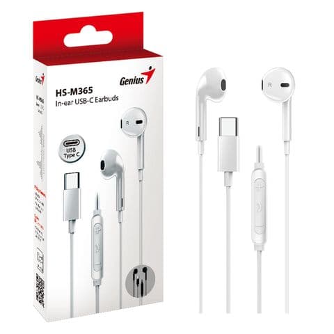 Genius HS-M365W USB-C In-Ear Wired Earbuds with In Line Microphone and Volume Controls White