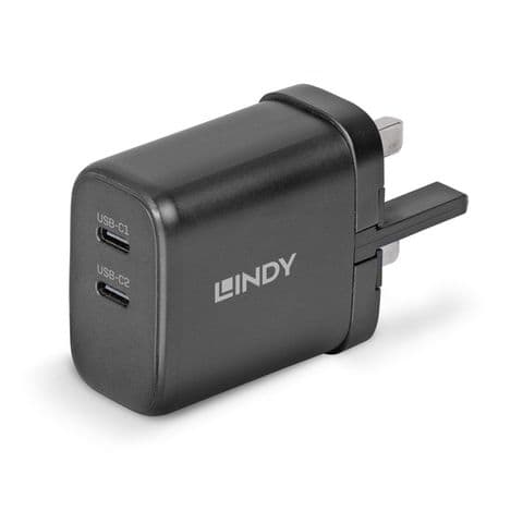 Lindy 65W USB 2 x Type C Charger, Input UK Plug, Output 2 x USB Type C Female, Black