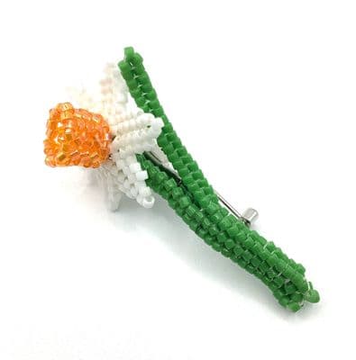 Beaded White & Orange Daffodil Brooch Pin  PINS0004
