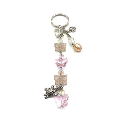 Butterfly Glass & Acrylic Beads Bag Charm with Tortoise Charm Pink KBG0013