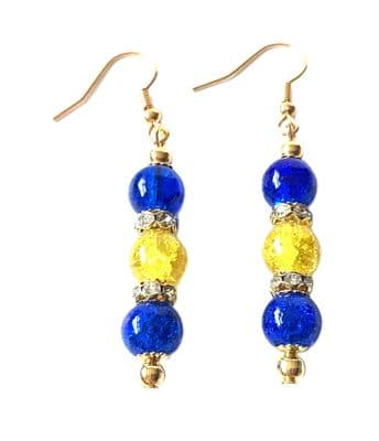 CHANDELIER G/P EARRINGS Blue & Amber Crackle Beads 2¼