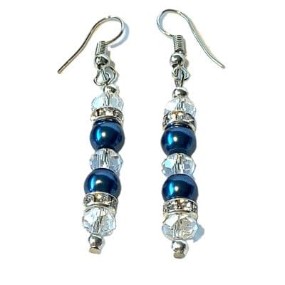 CHANDELIER S/P EARRINGS Blue Glass Pearls & Clear Facets 2¼
