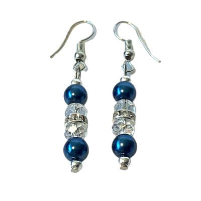 CHANDELIER S/P EARRINGS Blue Glass Pearls & Clear Facets 2