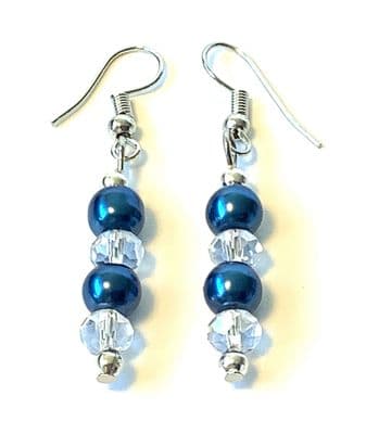 CHANDELIER S/P EARRINGS Blue Glass Pearls & Clear Facets 2